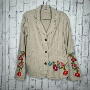 Caite Embroidered Linen Blazer Size L Beige Tan Floral Boho Western Cowgirl